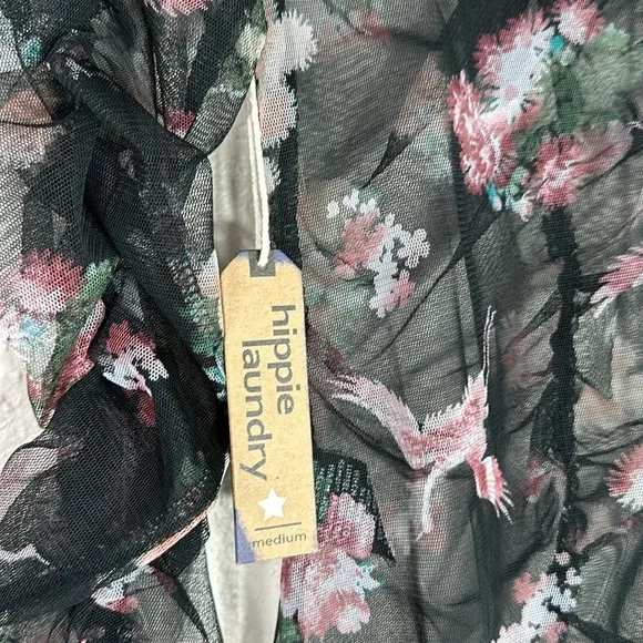 NWT Blouse Hippy Laundry black pink sheer ruched medium flamingo - Picture 7 of 8